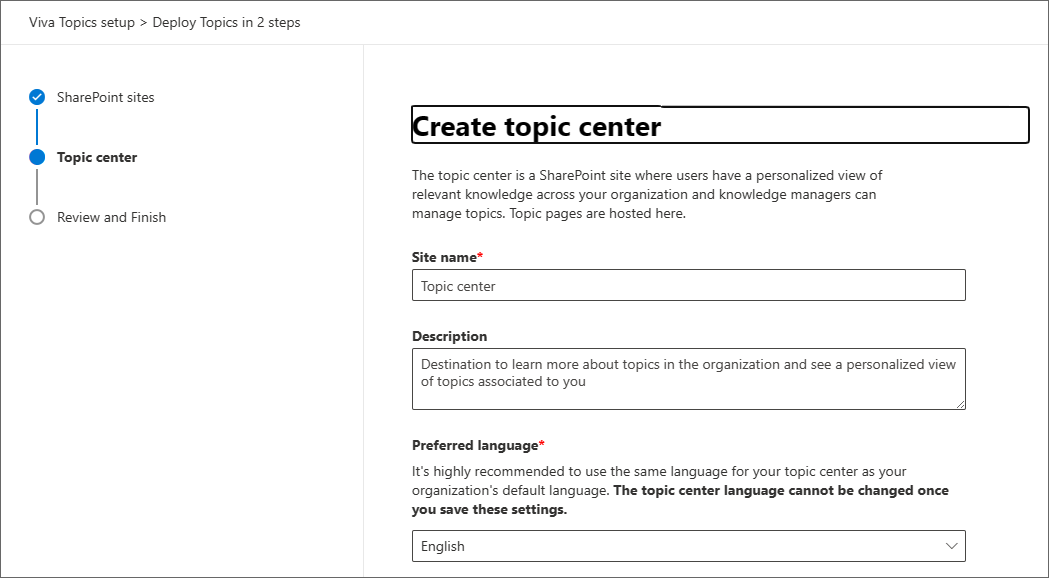 Captura de ecrã da página de configuração do centro de tópicos.
