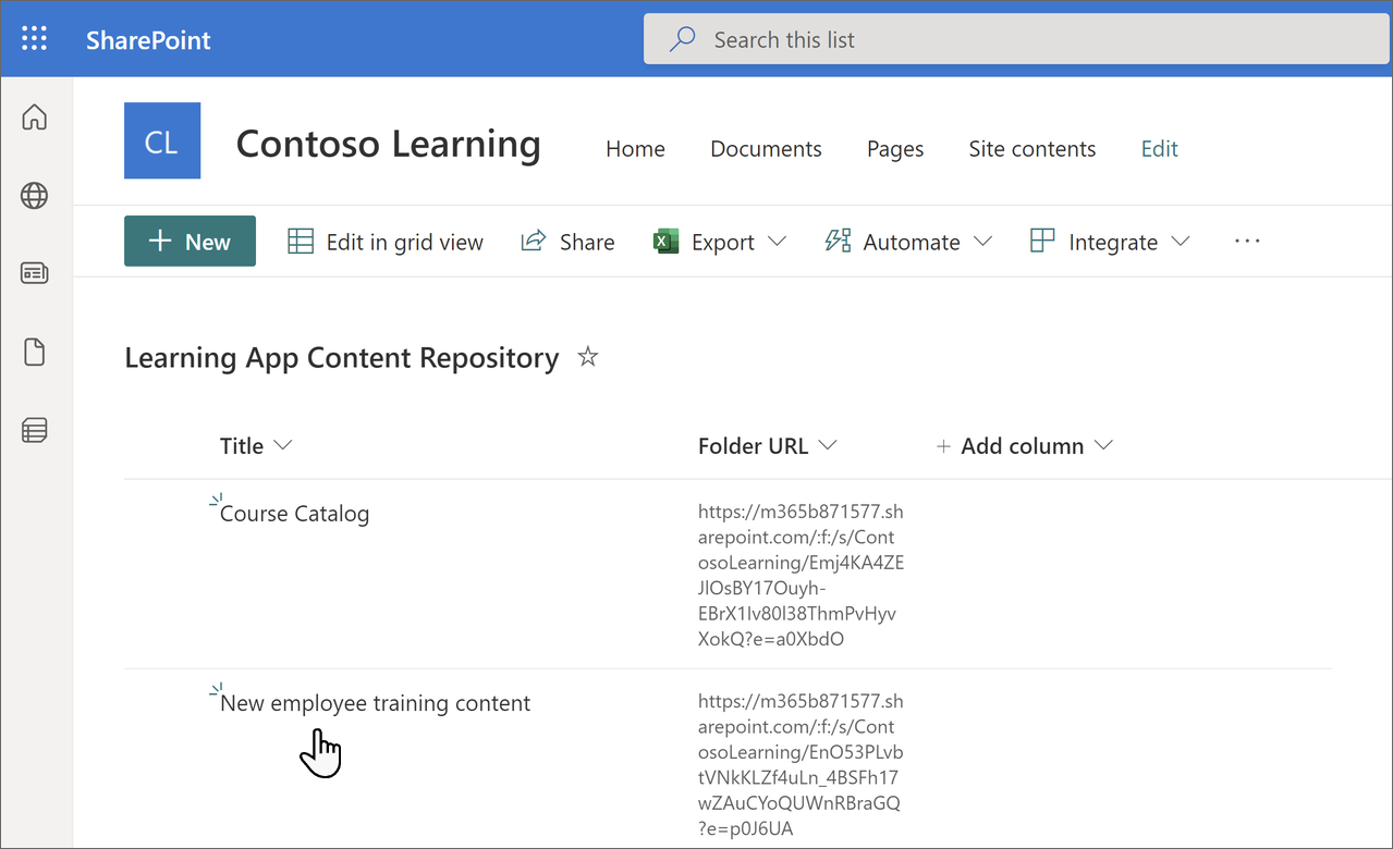 Página Do Repositório de Conteúdo de Aprendizagem no SharePoint mostrando as informações atualizadas.