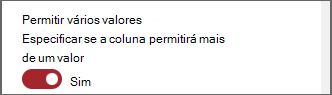 Captura de tela do alternância para permitir vários valores