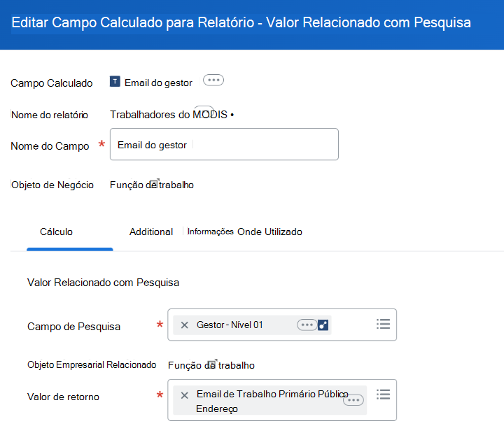 Uma captura de tela mostra os detalhes da pesquisa do campo calculado. 