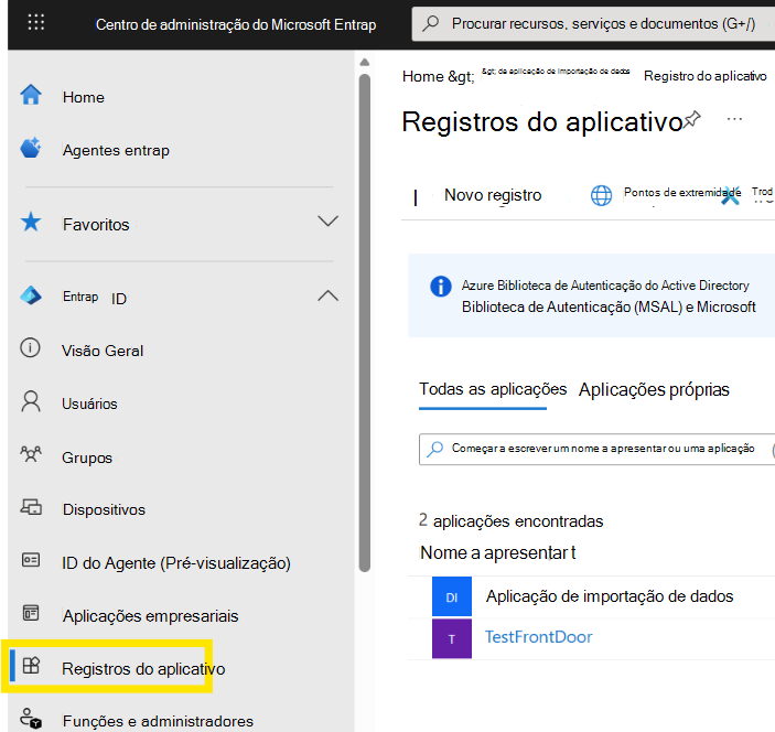 Captura de tela que mostra onde encontrar o registro do aplicativo no centro de administração do Microsoft Entra.