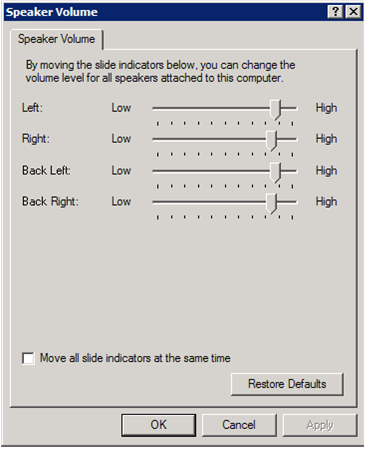 Captura de tela da caixa de diálogo de volume do alto-falante exibindo controles para todos os canais e propriedades avançadas de áudio.