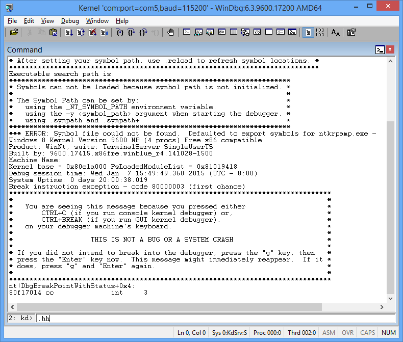 Captura de tela do Depurador do Windows exibindo a saída da janela de comando de uma conexão de kernel ao vivo.