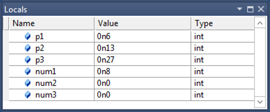 Captura de tela da janela Locais no Visual Studio exibindo parâmetros e variáveis locais para uma função em um aplicativo otimizado de 64 bits.