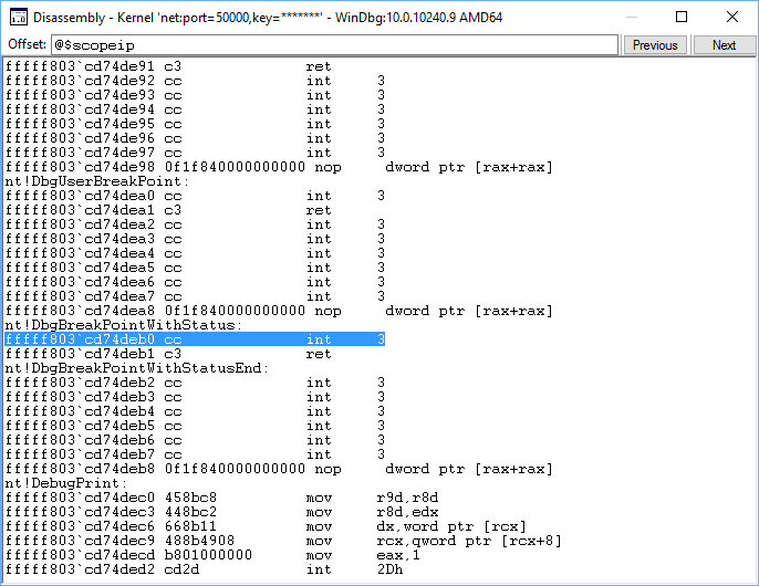 Captura de tela da janela de desmontagem do WinDbg mostrando o código de linguagem assembly.