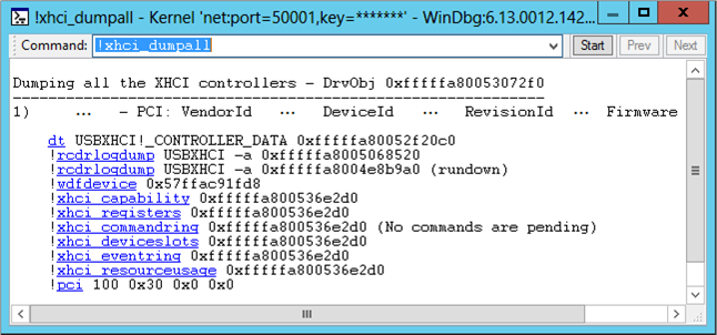Captura de tela da saída do comando !xhci-dumpall exibindo informações do controlador XHCI.
