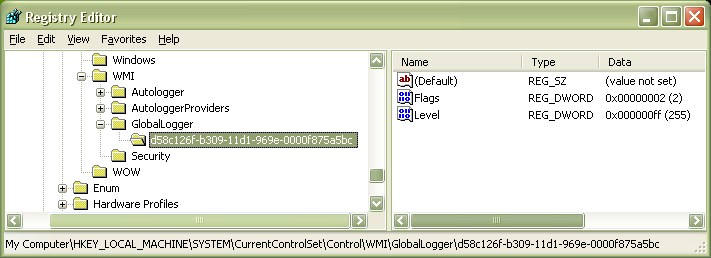 Captura de ecrã da subchave de um provedor de rastreio que regista na sessão de rastreio Global Logger no Windows XP.