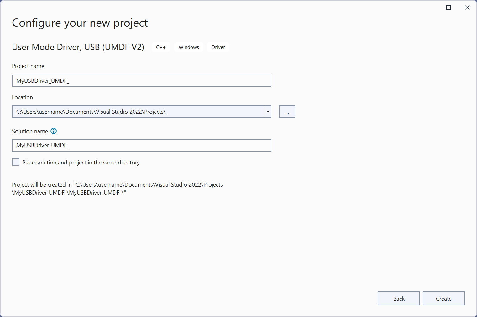 Captura de tela da tela de configuração de projeto de criação do Visual Studio.