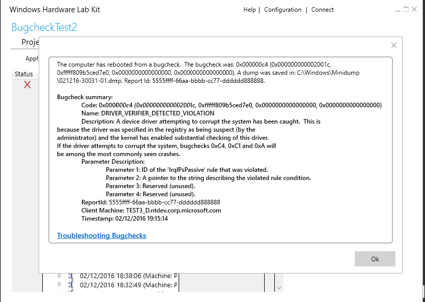 caixa de diálogo de informações de resumo da verificação de bugs de exemplo
