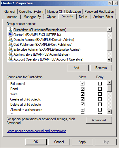 Captura de tela que mostra a guia Segurança na caixa de diálogo Propriedades de Cluster1.
