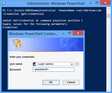 Screenshot of a terminal window that shows the installation phase with the minimum required arguments of -domainname and -credential.