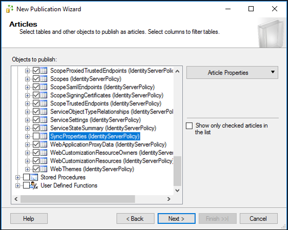 Captura de ecrã que mostra onde limpar a caixa de seleção SyncProperties (IdentityServerPolicy).