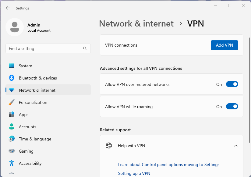 Captura de ecrã da página VPN da aplicação Definições do Windows 11.