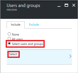 Captura de ecrã da página Utilizadores e grupos com a opção Selecionar utilizadores e grupos destacada.