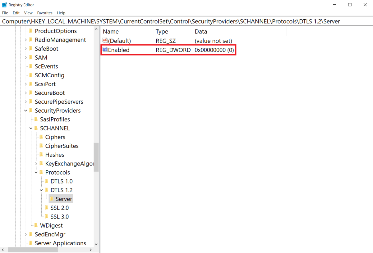 Captura de tela da configuração de registro do Windows Server para DTLS 1.2 definida como Disabled by default.