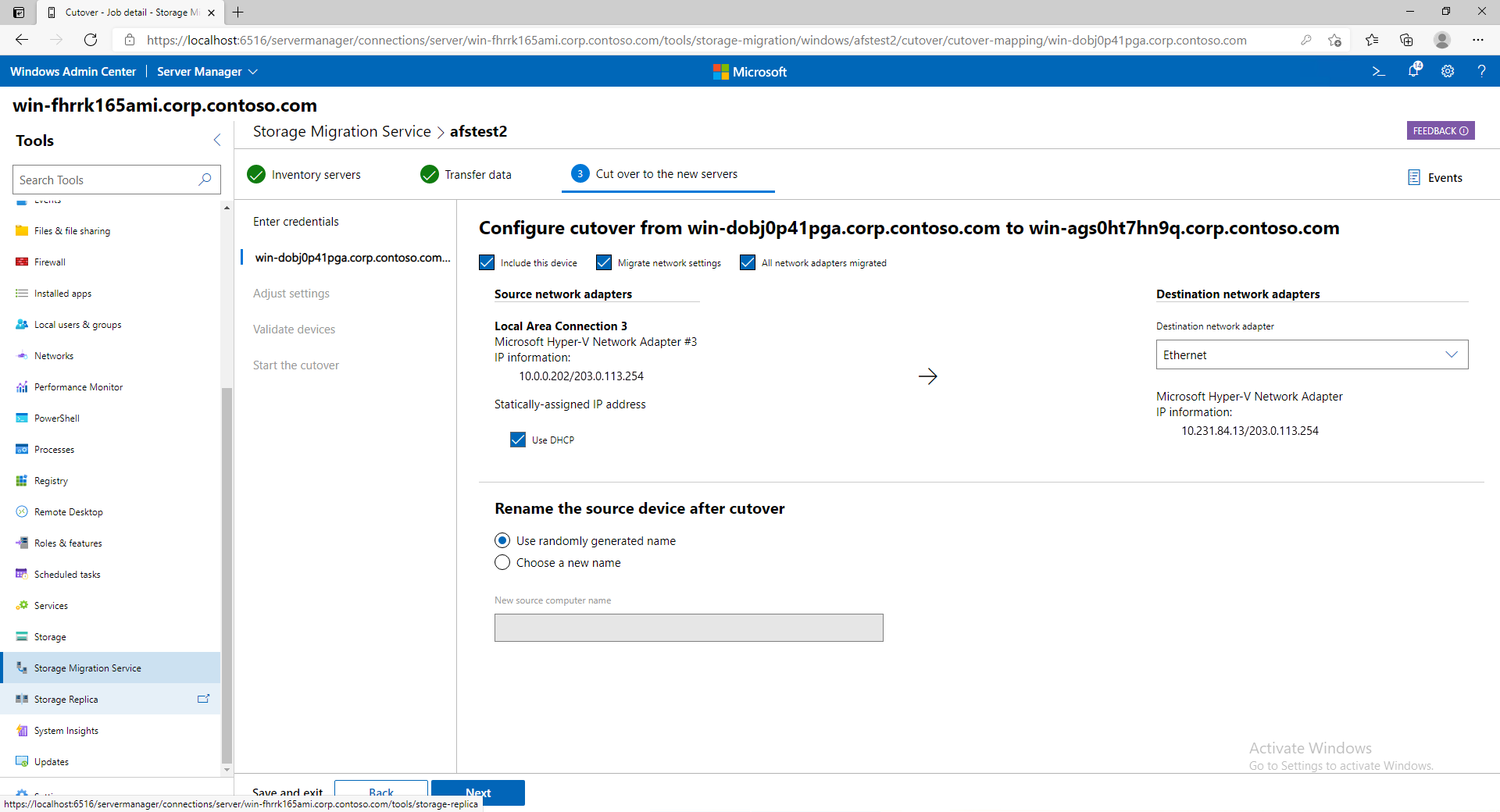 Captura de tela de um servidor de origem com endereços IP e nomes de computador, juntamente com os respectivos valores substitutos após a substituição.