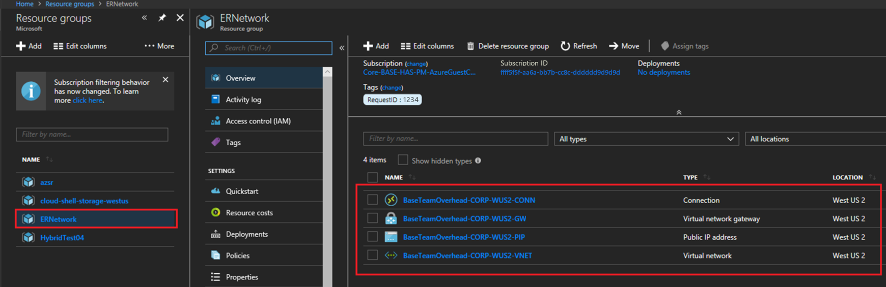 Portal do Azure mostrando o grupo de recursos adicionado com o ExpressRoute