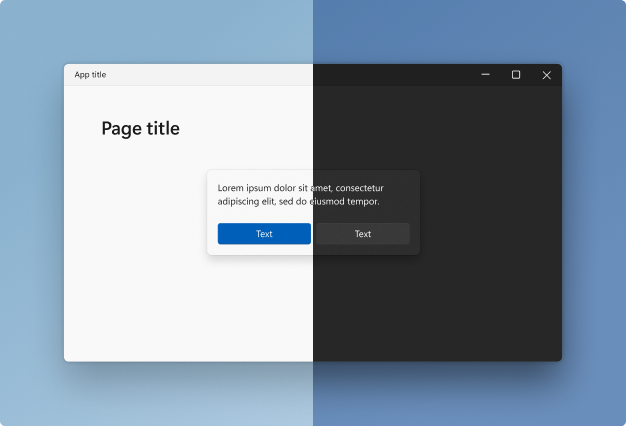 Uma janela e uma caixa de diálogo modal no modo claro à esquerda e no modo escuro à direita