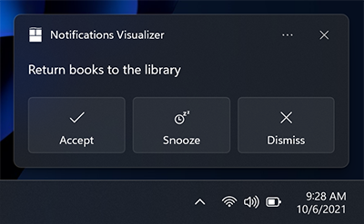 Captura de ecrã de uma notificação de aplicação que utiliza botões com ícones.