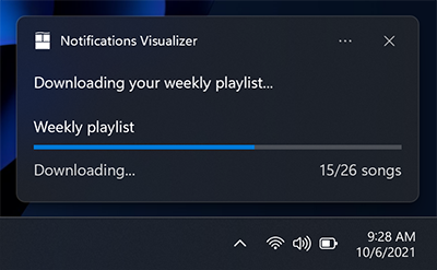Uma captura de ecrã de uma notificação de aplicação a mostrar uma barra de progresso.