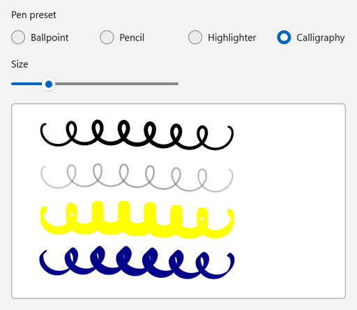 Pen preset options for Ballpoint, Pencil, Highlighter, and Calligraphy, with Calligraphy selected, above a Size slider and a white canvas. The canvas shows looped strokes in black ballpoint ink, gray pencil ink, yellow highlighter ink, and dark blue calligraphy ink.