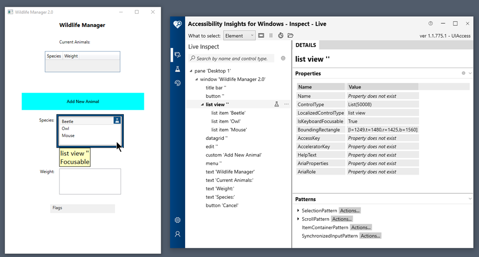 Captura de ecrã da ferramenta Accessibility Insights ao lado de uma aplicação básica de alvo.
