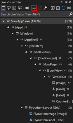 Captura de ecrã da Visual Studio Live Visual Tree com a opção de seleção de Pré-visualização ativada.