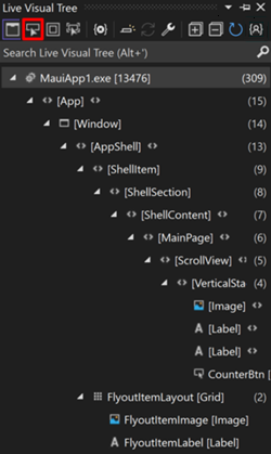 Captura de ecrã da Visual Studio Live Visual Tree com a opção Selecionar Elemento na Aplicação em Execução ativada.