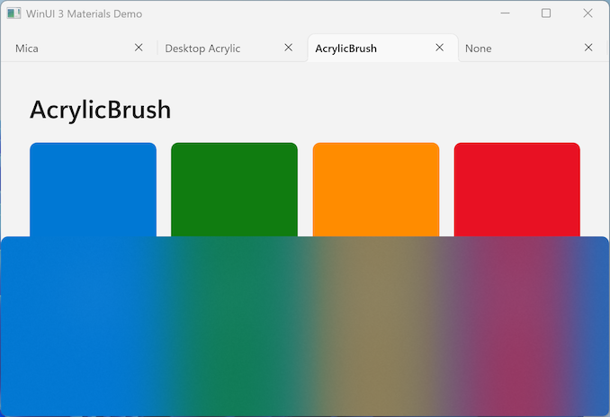 Captura de ecrã de uma aplicação WinUI 3 com AcrylicBrush aplicado, mostrando um painel translúcido que desfoca o conteúdo XAML dentro da janela da aplicação.