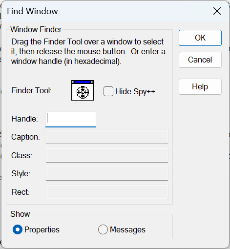Captura de ecrã do diálogo Spy++ Find Window.