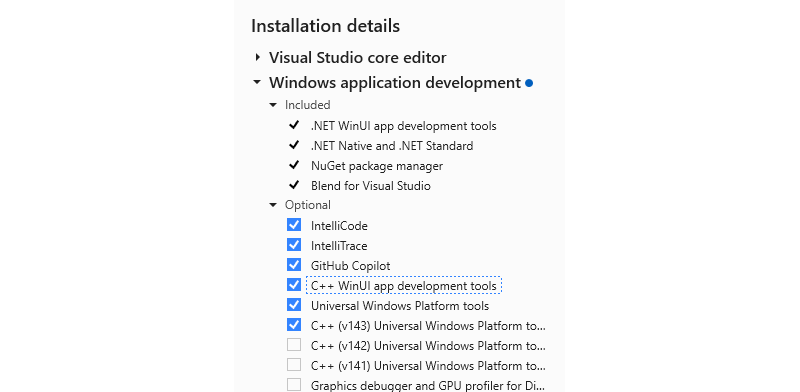Uma captura de tela da interface do usuário do instalador do Visual Studio com as ferramentas de desenvolvimento de aplicativo C++ WinUI selecionadas.