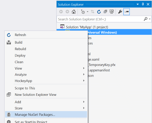 Captura de tela do painel Gerenciador de Soluções com o projeto clicado com o botão direito do mouse e a opção Gerenciar Pacotes NuGet realçada.