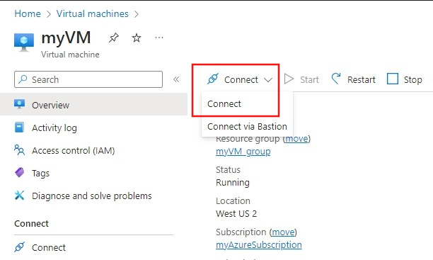 Captura de tela da página de visão geral da máquina virtual mostrando o local do botão Conectar.