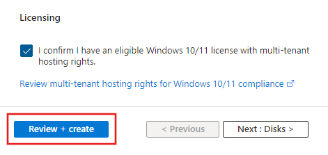 Captura de tela mostrando o botão Examinar + criar na parte inferior da página.