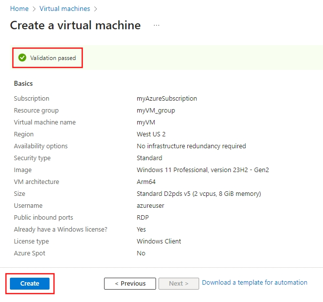 Captura de tela mostrando que a validação foi aprovada. Clique no botão Criar para criar a VM.
