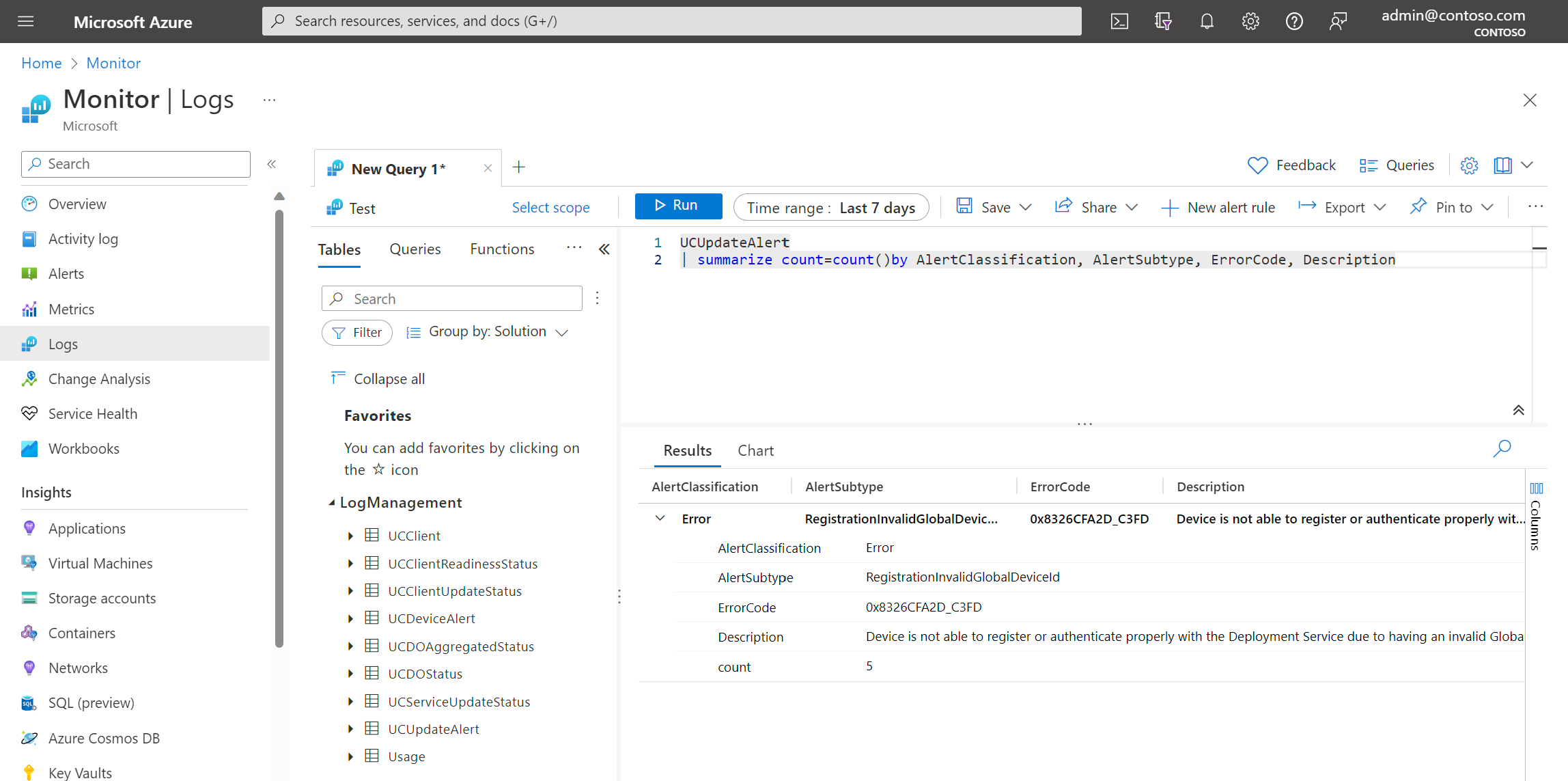 Captura de tela do uso de uma consulta kusto personalizada (KQL) em Windows Update para empresas relata dados no Log Analytics.
