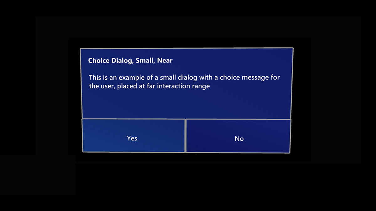 Captura de ecrã de uma sobreposição de caixa de diálogo com os botões sim e não apresentados no HoloLens