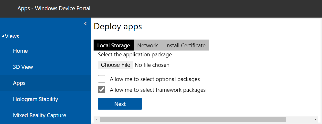 Captura de ecrã da página Gestor de aplicações aberta no Portal de Dispositivos Windows com o separador Armazenamento Local realçado