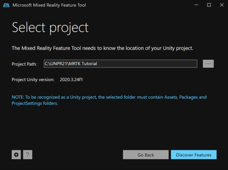 Captura de ecrã a mostrar a funcionalidade Mixed Reality ecrã Caminho do Projeto da Ferramenta.