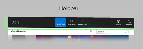 Barra de aplicações para aplicações 2D em execução no HoloLens