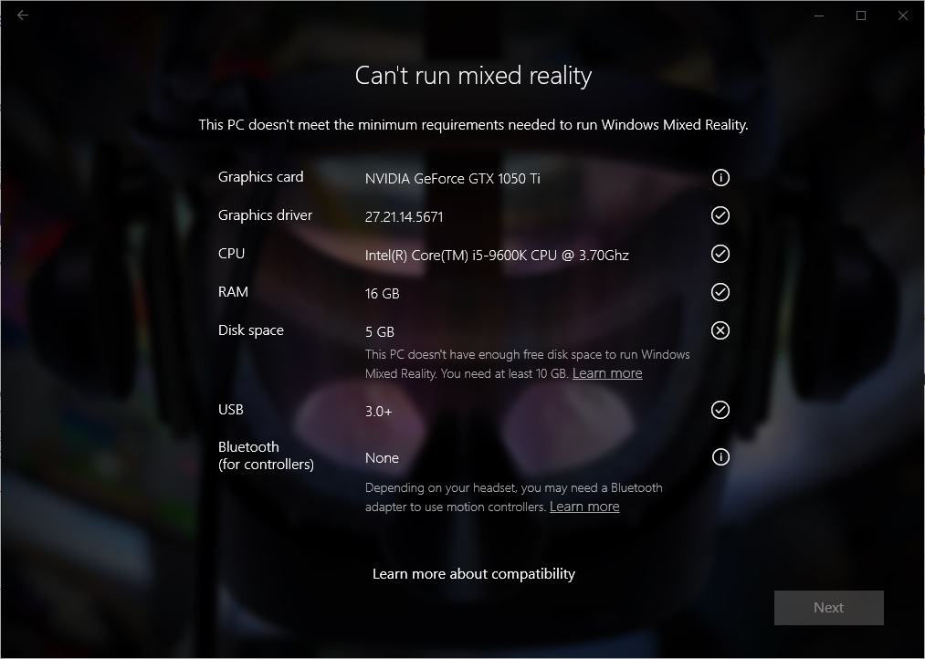 Captura de ecrã a mostrar Windows Mixed Reality Verificação do PC