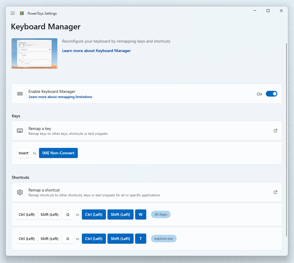 PowerToysKeyboard Manager captura de tela de teclas de remapeamento