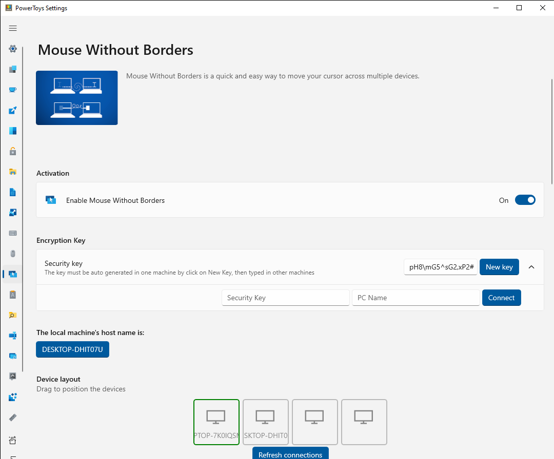 Captura de ecrã das Mouse Without Borders definições no segundo computador após a ligação.
