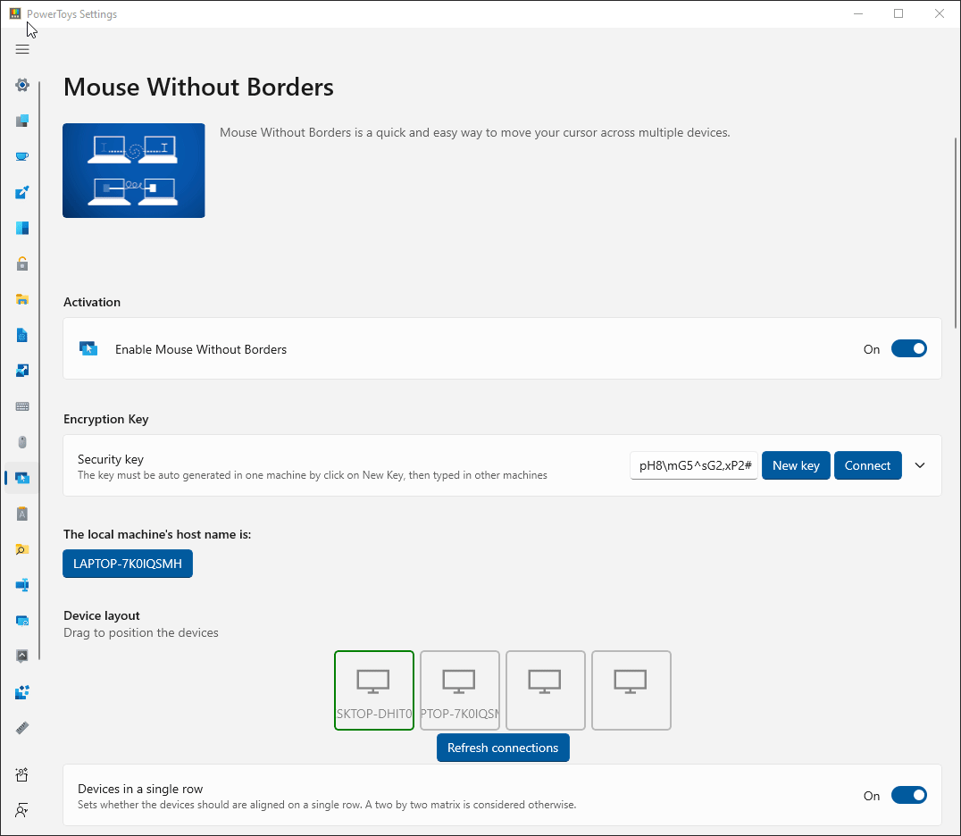 Animação de configurações que configuram o layout do Mouse Without Borders dispositivo.