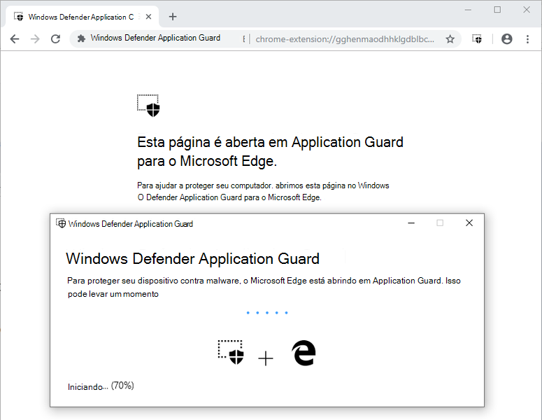 Um site não empresarial a ser redirecionado para um contentor do Application Guard – o texto apresentado explica que a página está a ser aberta no Application Guard para Microsoft Edge.