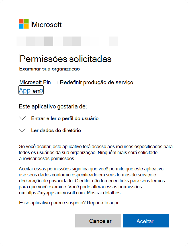 Captura de ecrã a mostrar a página de permissões do serviço de reposição do PIN.