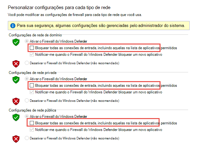 Captura de tela do miniaplicativo do Firewall do Painel de Controle.