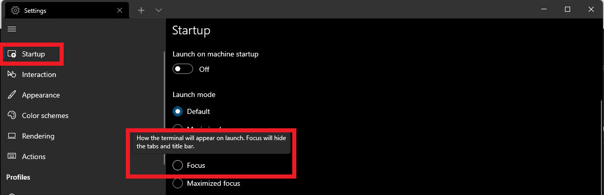 Seletor de modo de foco nas configurações de inicialização do Terminal do Windows