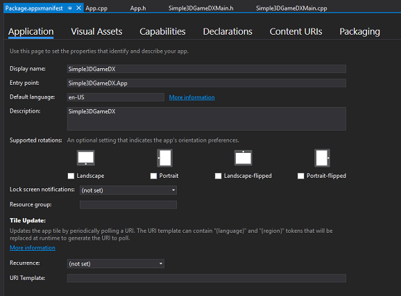 captura de tela do editor de manifesto package.appx.