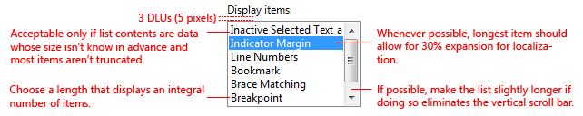 captura de tela do tamanho e espaçamento da caixa de listagem 